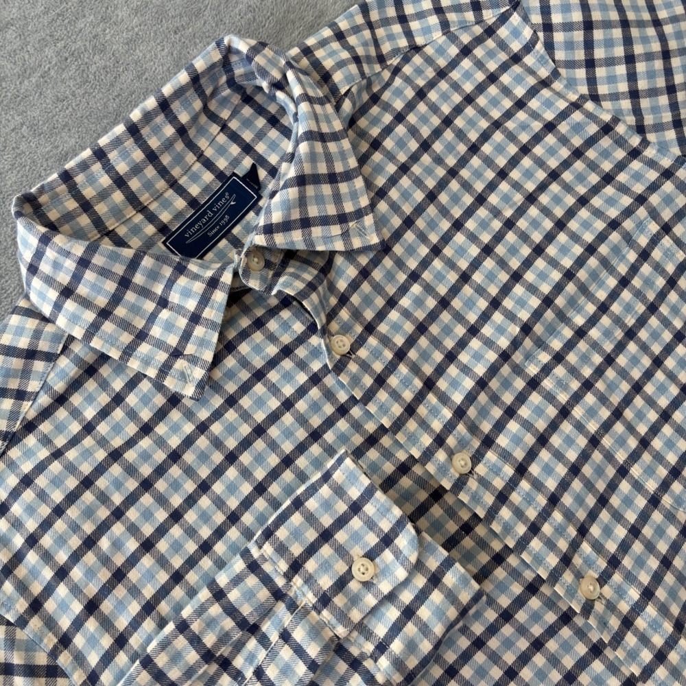 Vineyard Vines Mens Large Blue Gingham Cotton Linen Stretch Button Down Shirt
